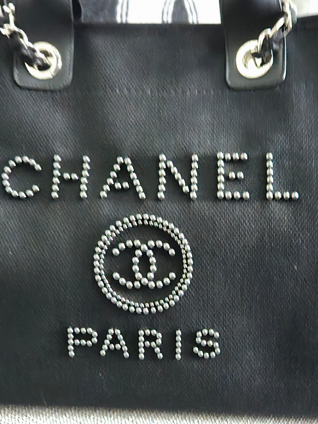 Chanel 20S 2020 Spring/Summer Collecion Black Canvas With Pearl Embossed Deauville Tote Bag with Leather Top Handle Size Medium/Large