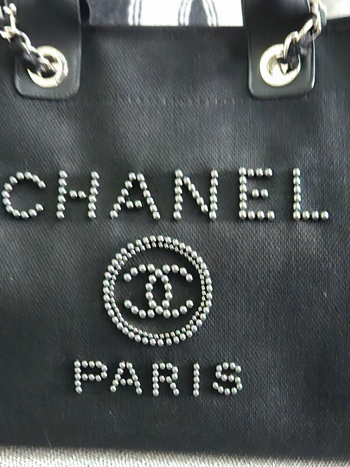 Chanel 20S 2020 Spring/Summer Collecion Black Canvas With Pearl Embossed Deauville Tote Bag with Leather Top Handle Size Medium/Large