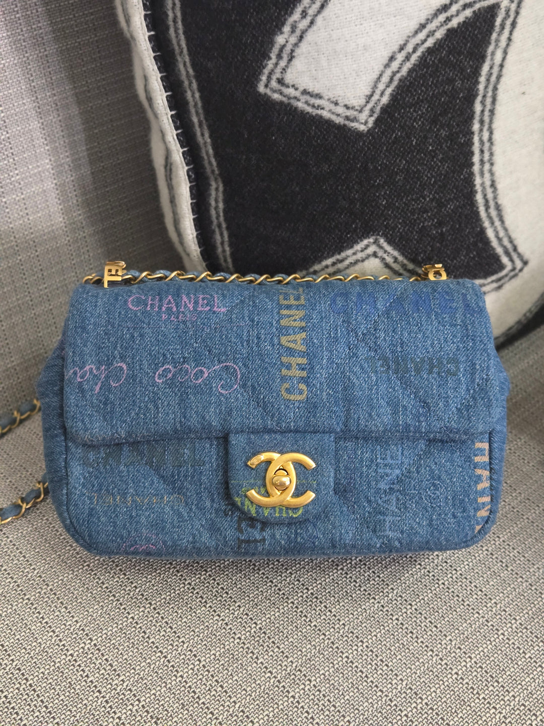 Chanel 22P Blue Denim Mood Flap Bag size Small with aged GHW