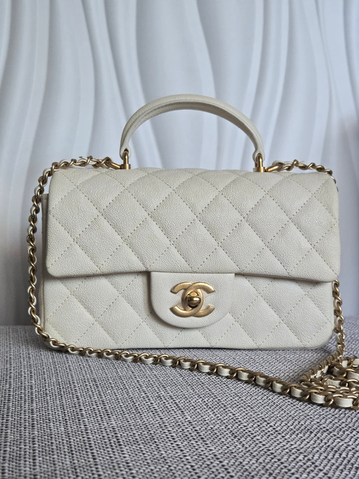 CHANEL 21S Series 31 White Caviar Aged GHW Top Handle Mini Rectangular Flap Bag