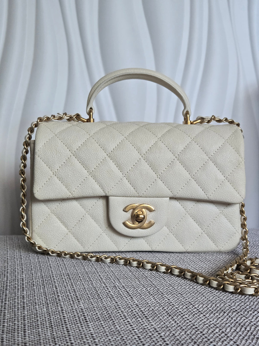 CHANEL 21S Series 31 White Caviar Aged GHW Top Handle Mini Rectangular Flap Bag
