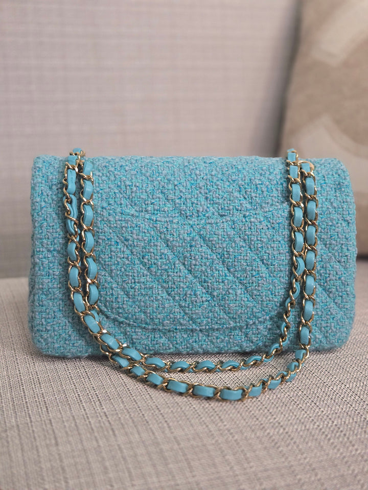 Chanel 22B 2022 Fall/Winter Collection Turquoise Blue Tweed Medium ML Timeless Classic Double Flap Bag with Champagne GHW