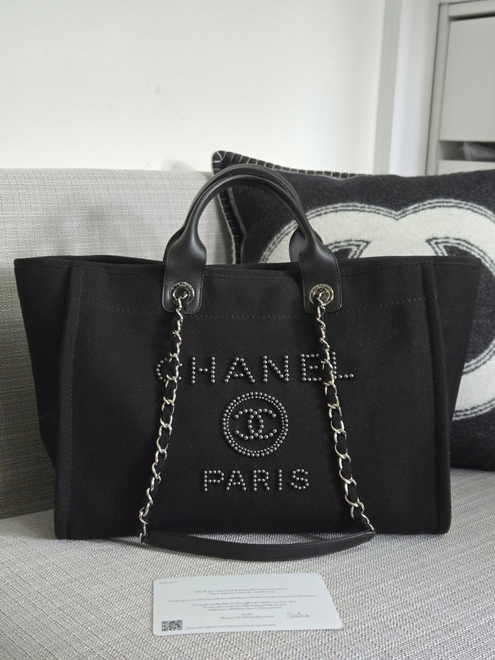 Chanel 20S 2020 Spring/Summer Collecion Black Canvas With Pearl Embossed Deauville Tote Bag with Leather Top Handle Size Medium/Large