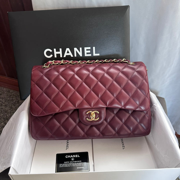 CHANEL series 16 Burgundy Lambskin LGHW Jumbo Timeless Classic Double Flap Bag 2012