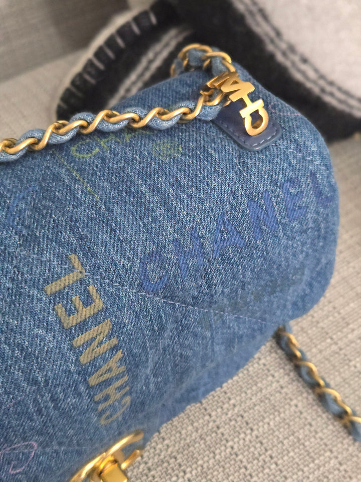Chanel 22P Blue Denim Mood Flap Bag size Small with aged GHW