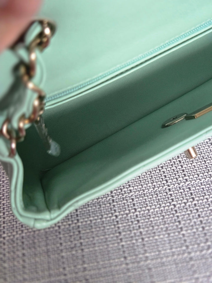 Chanel 24S collection 2024 Pastel Green Lambskin Champagne GHW Classic Mini Rectangular Flap Bag