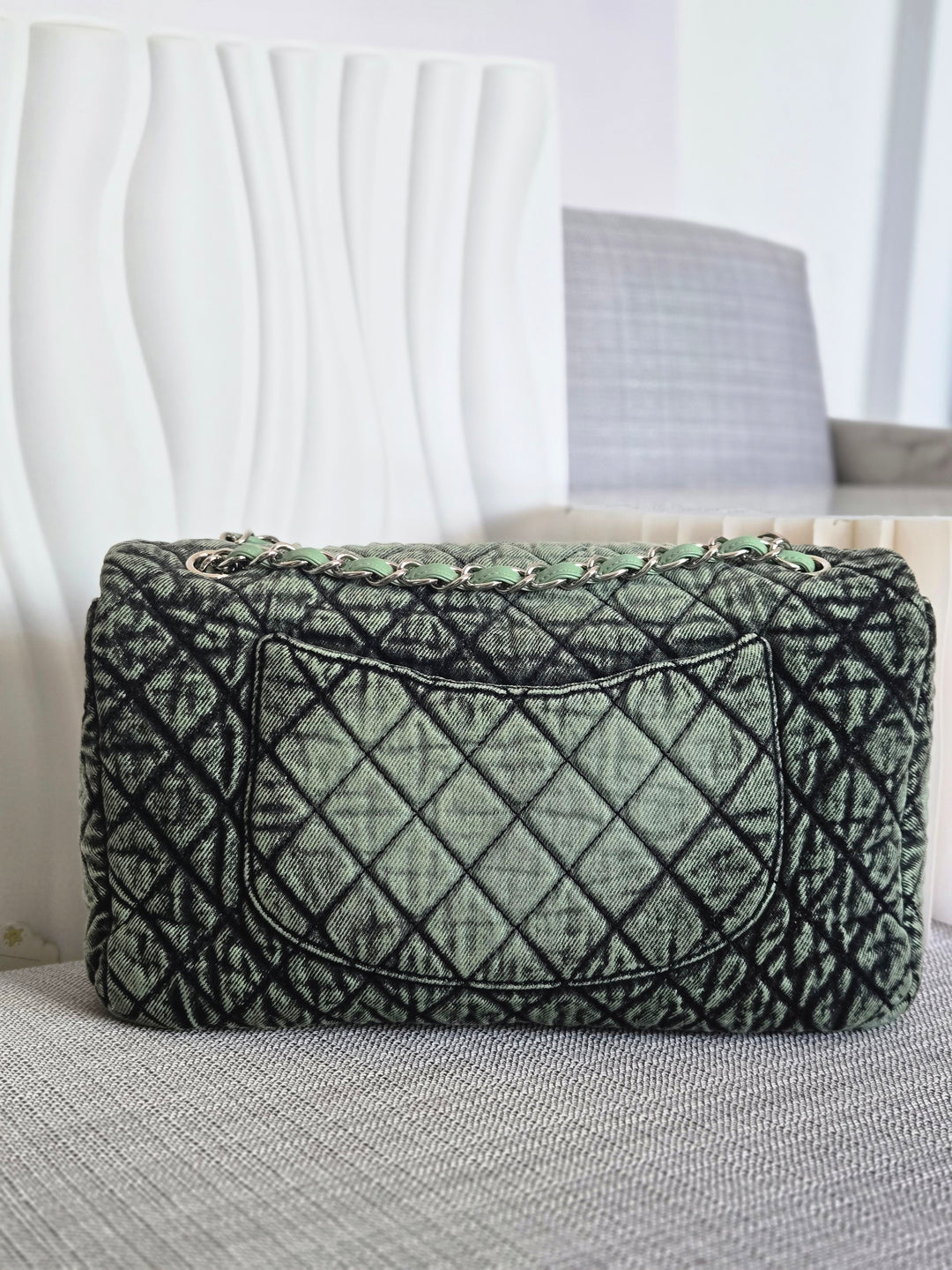 CHANEL Green Denimpression SHW size Jumbo Single Flap Bag