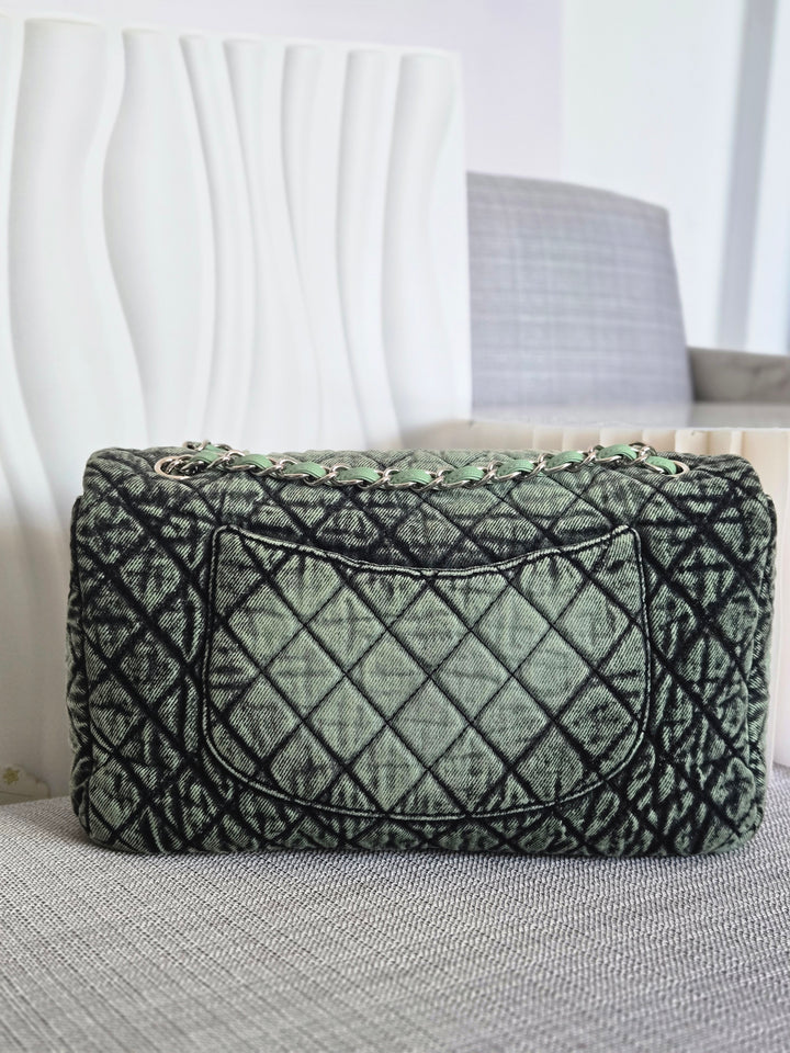 CHANEL Green Denimpression SHW size Jumbo Single Flap Bag