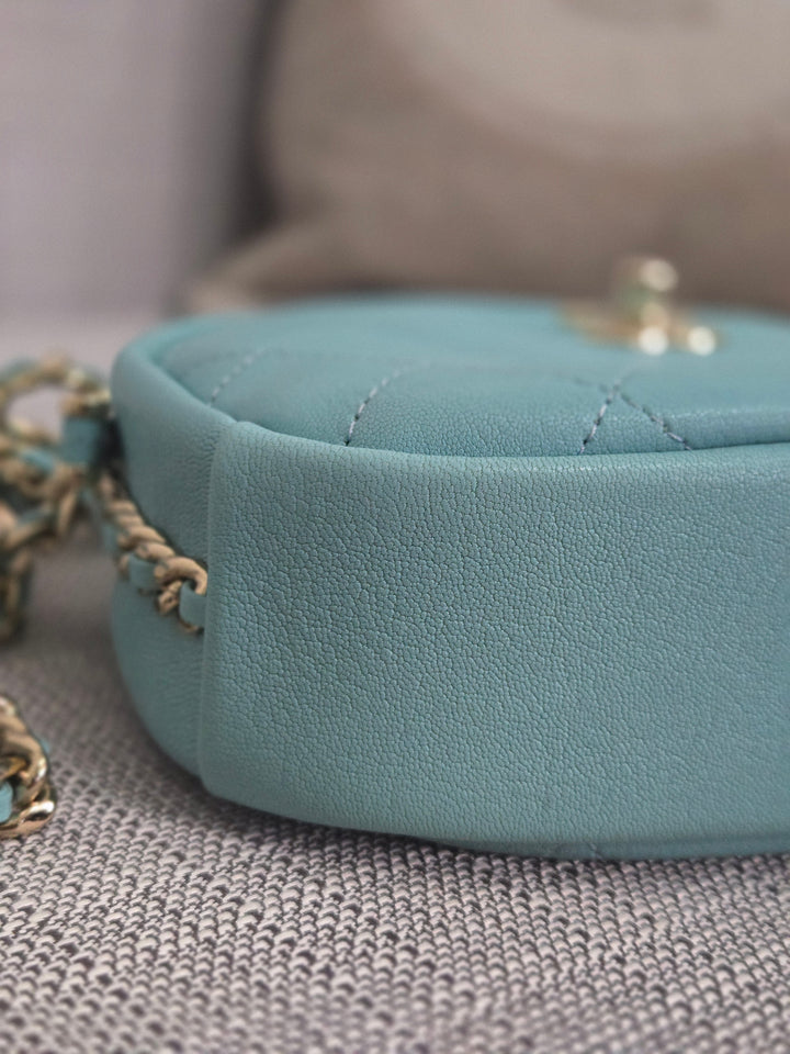 Chanel Series 26 2018/2019 19C Tiffany Blue Calfskin Casual Trip Camera Case Bag with Champagne GHW