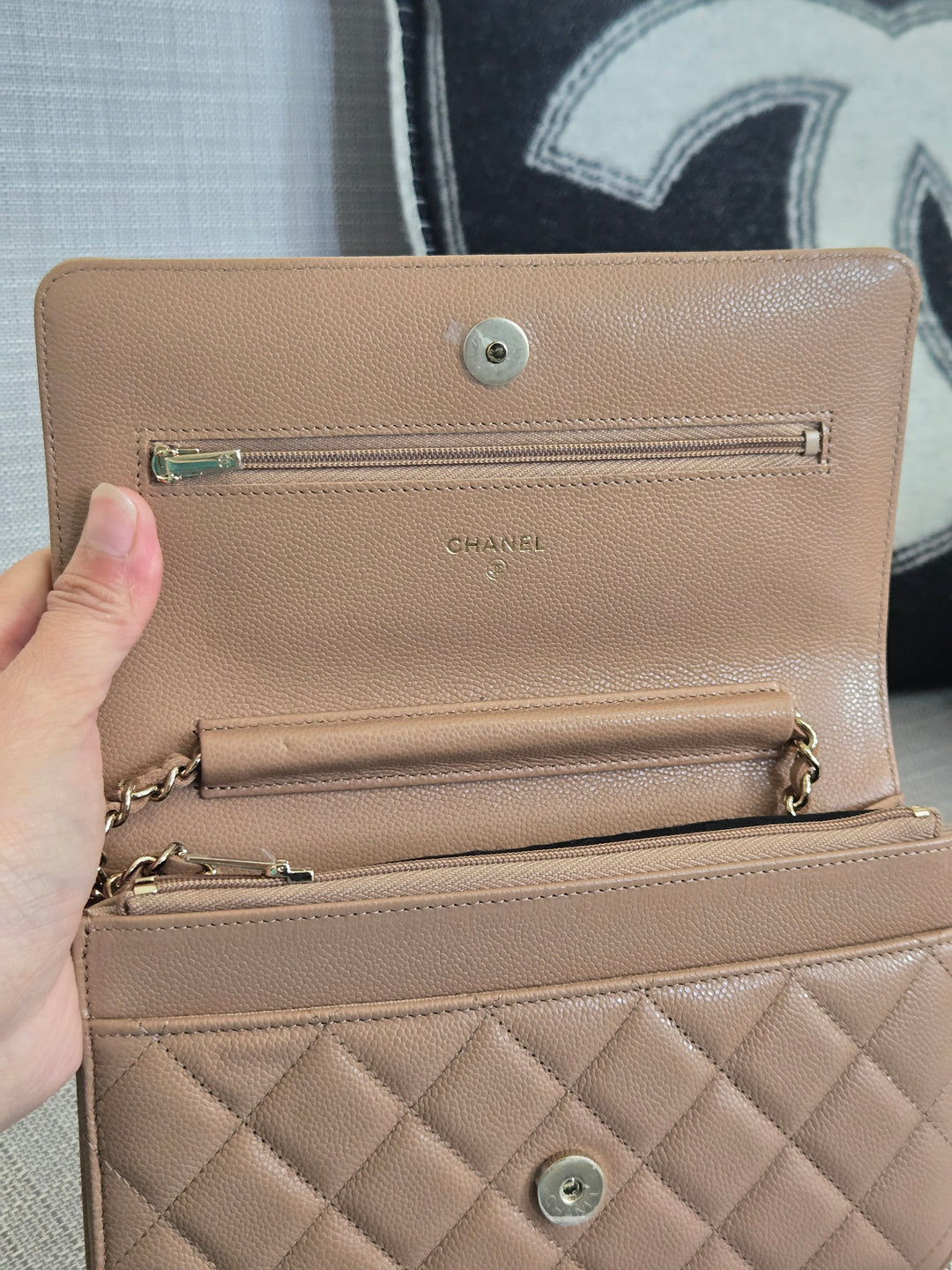 Chanel Dark Beige Caviar Champagne GHW Classic Wallet on Chain (WOC) 2023