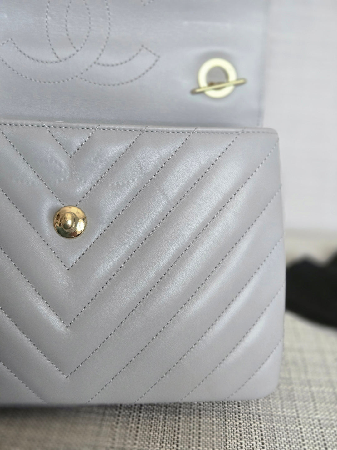 Chanel series 25 Grey Lambskin Chevron Trendy CC Top Handle Flap Bag Size Small with Champagne GHW and Detachable Shoulder strap