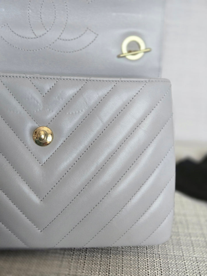 Chanel series 25 Grey Lambskin Chevron Trendy CC Top Handle Flap Bag Size Small with Champagne GHW and Detachable Shoulder strap