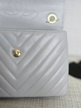 Load image into Gallery viewer, Chanel series 25 Grey Lambskin Chevron Trendy CC Top Handle Flap Bag Size Small with Champagne GHW and Detachable Shoulder strap
