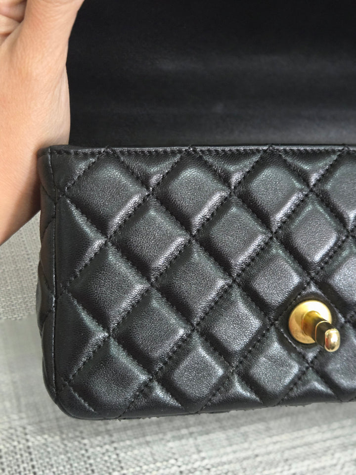 Chanel Black Lambskin Mini Rectangular Flap Bag with Top Handle GHW