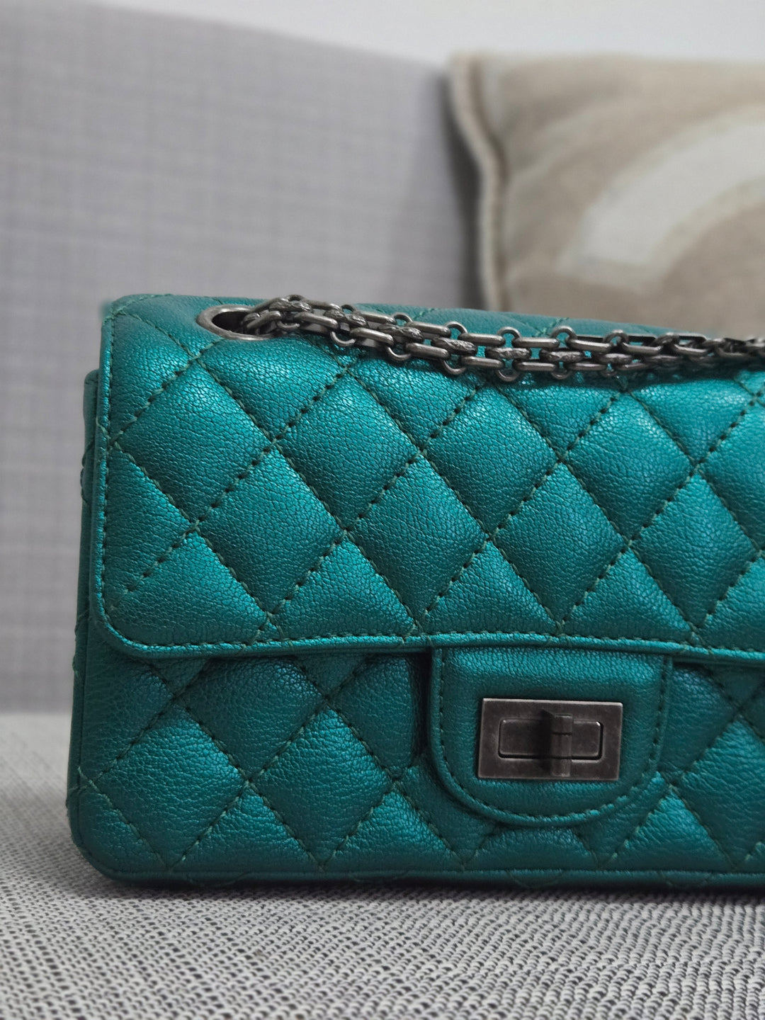 Chanel Series 28 Emerald Green Turquoise Calf skin 2.55 Reissue Mini Flap Bag with Ruthenium Hardwars