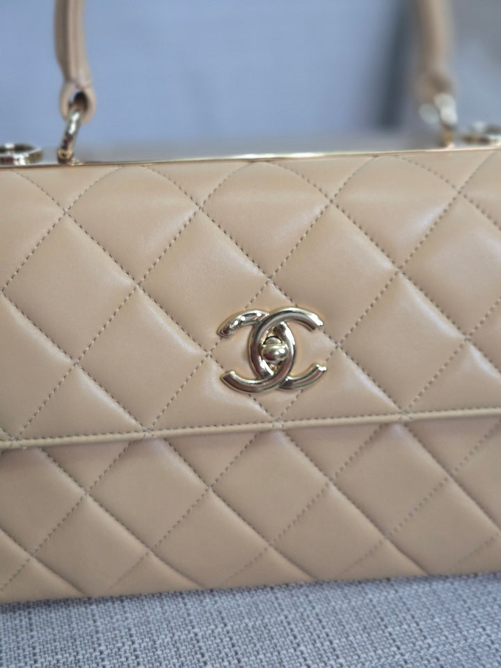 Chanel series 26 2018 Beige Lambskin Trendy CC Flap Bag with Top Handle Size Small with Champagne GHW and detachable Shoulder strap