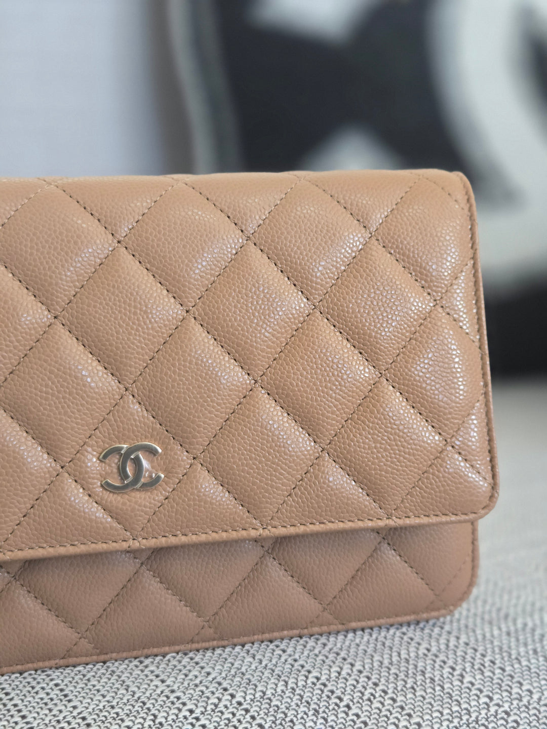 Chanel Dark Beige Caviar Champagne GHW Classic Wallet on Chain (WOC) 2023