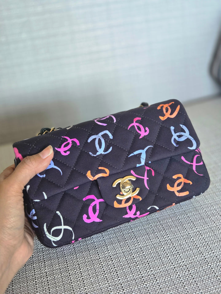 Chanel 24S collection Navy Multi color Jersey Mini Rectangular Flap Bag with Champagne GHW