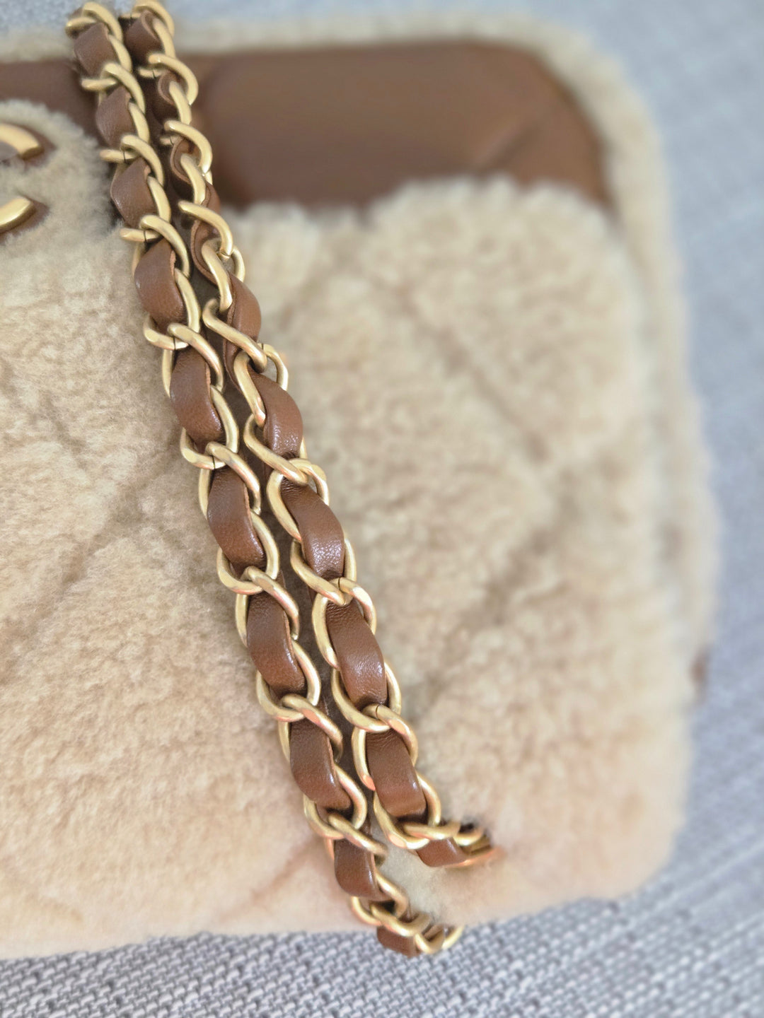 Chanel 24K 2024 Fall/Winter Collection Beige Brown Teddy Shearling MEDIUM flap Bag with Aged GHW