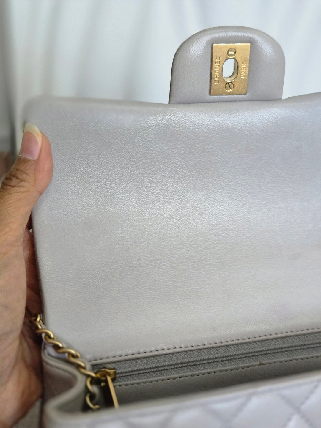 CHANEL 21A light Grey Lambskin Aged GHW Mini Rectangular Flap Bag with Top Handle