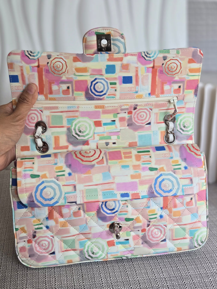 CHANEL Multi Color Rainbow Umbrella print calf skin SHW Medium Classic Double Flap Bag