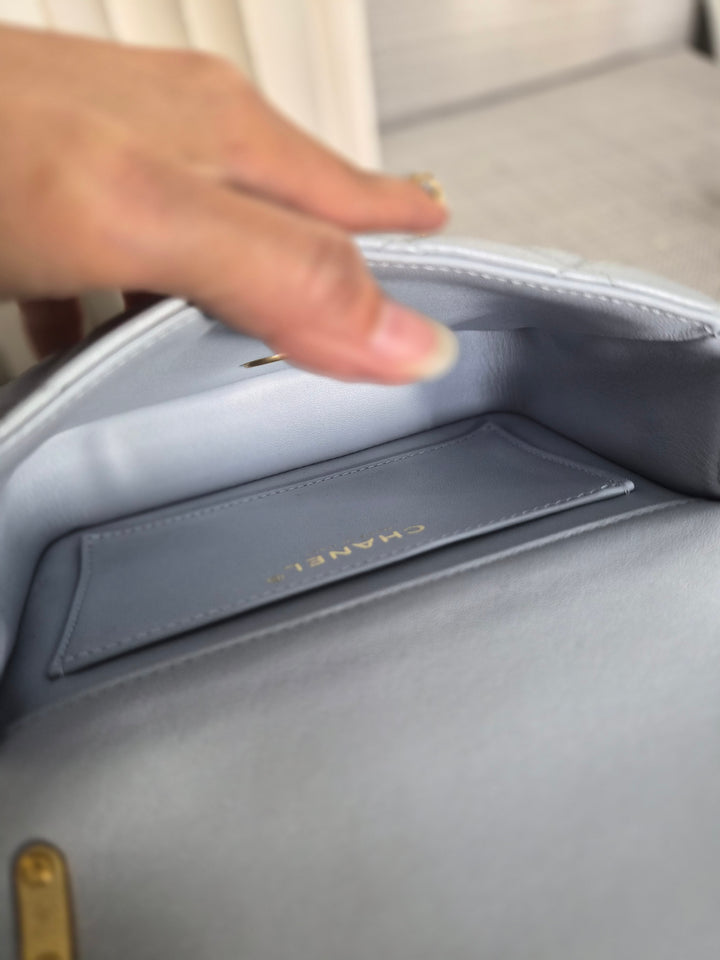 CHANEL Pearl Twist Pearly Silver Light Blue Lambskin Mini Flap Bag