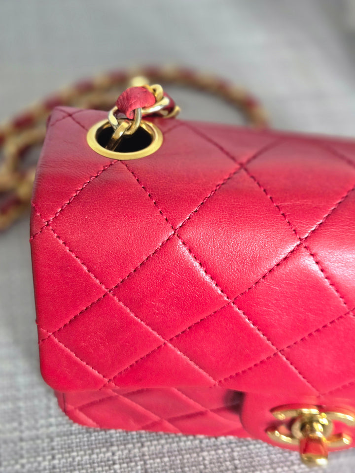 Chanel series 1 Red Lambskin 24K GHW Vintage Classic Mini Square Flap Bag