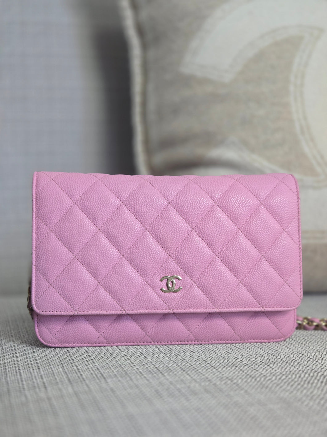 Chanel 23P Collection 2023 Mauve undertone Pink Caviar Champagne GHW Classic Wallet on chain (WOC)