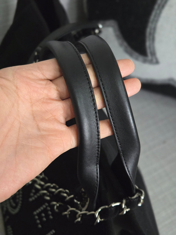 Chanel 20S 2020 Spring/Summer Collecion Black Canvas With Pearl Embossed Deauville Tote Bag with Leather Top Handle Size Medium/Large