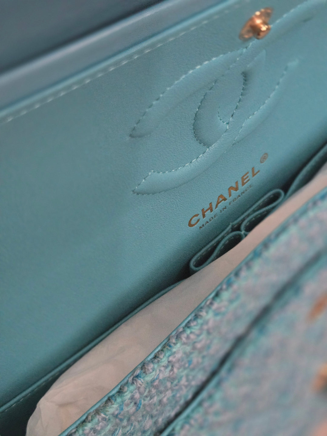 Chanel 22B 2022 Fall/Winter Collection Turquoise Blue Tweed Medium ML Timeless Classic Double Flap Bag with Champagne GHW
