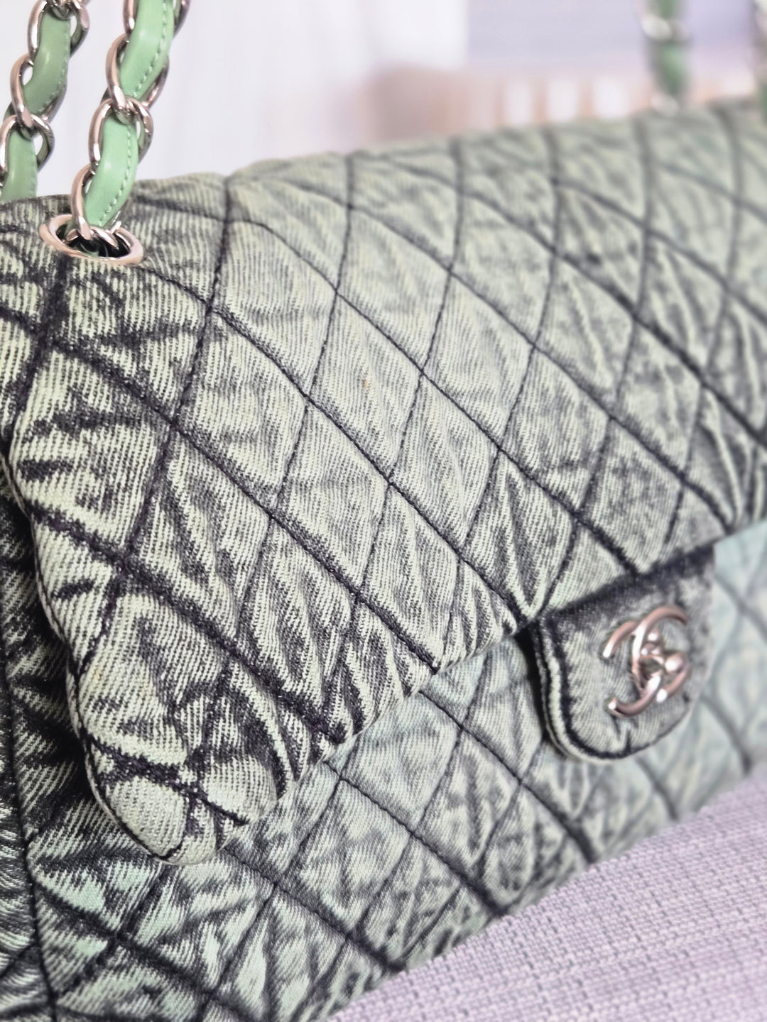 CHANEL Green Denimpression SHW size Jumbo Single Flap Bag