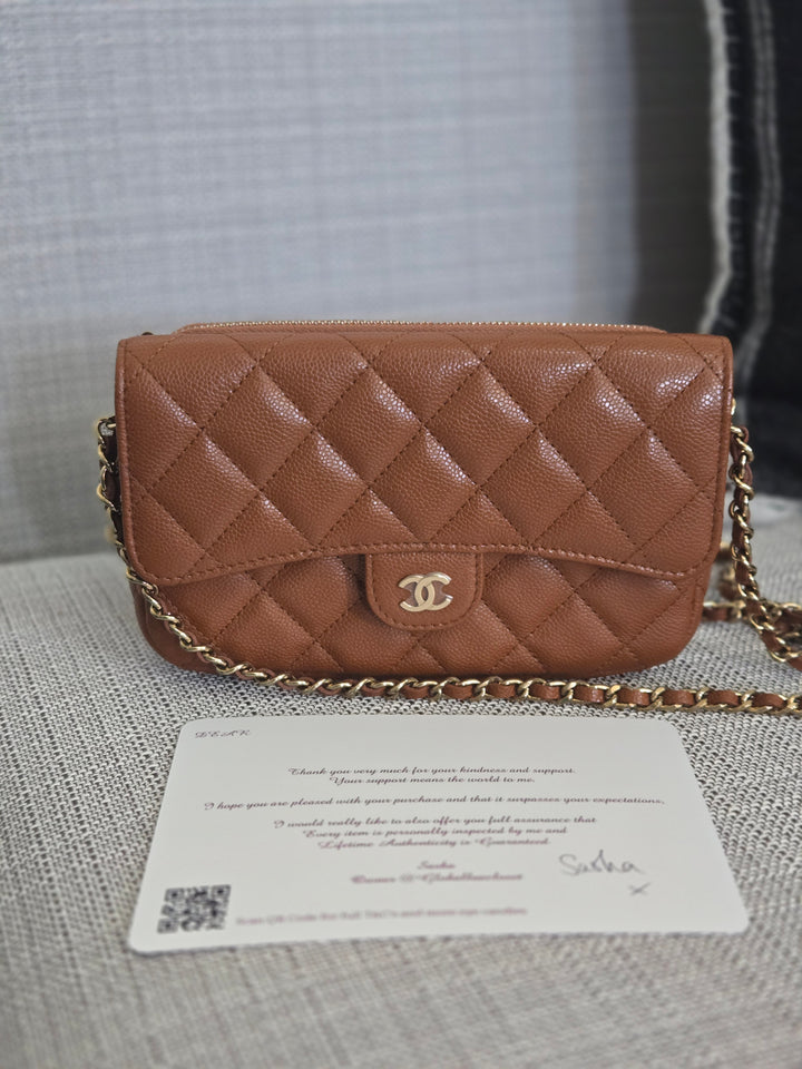 Chanel 2023 Caramel Brown Caviar Champagne GHW New Style Wallet on chain (WOC)