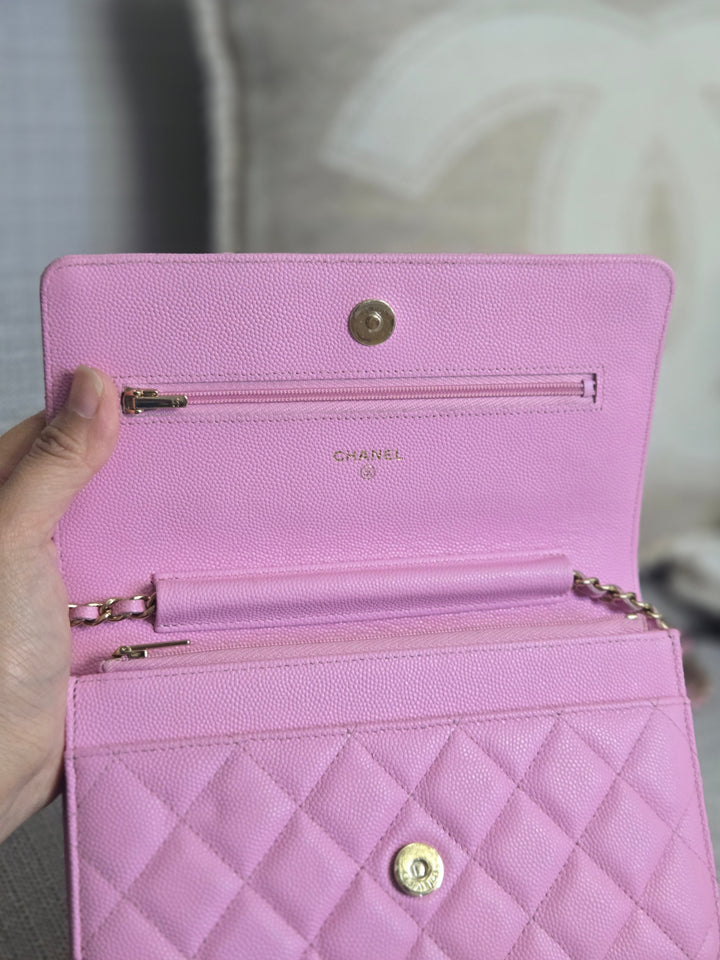 Chanel 23P Collection 2023 Mauve undertone Pink Caviar Champagne GHW Classic Wallet on chain (WOC)