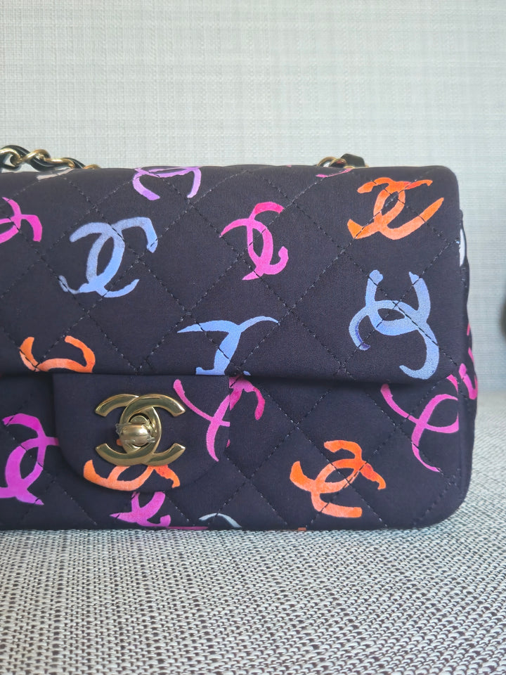 Chanel 24S collection Navy Multi color Jersey Mini Rectangular Flap Bag with Champagne GHW