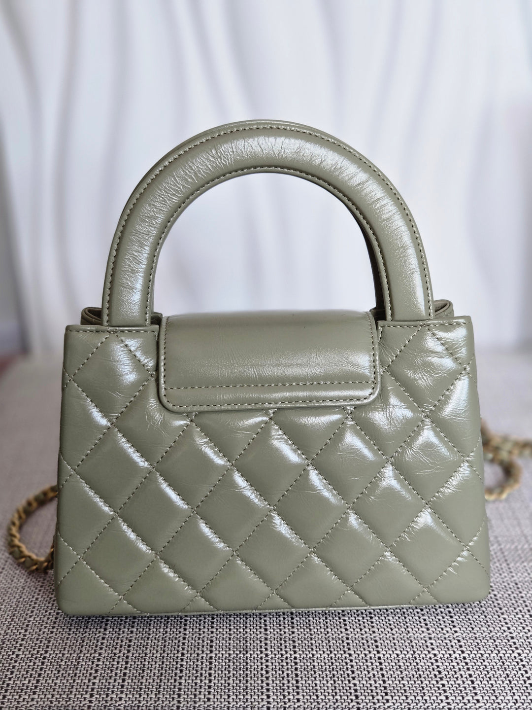 CHANEL Sage Khaki Green Glazed Calfskin Aged GHW Nano Kelly Shopping Bag size Small (19cms)