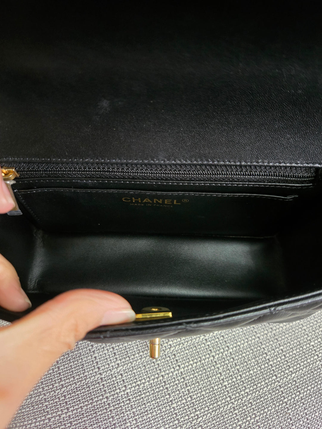 Chanel Black Lambskin Mini Rectangular Flap Bag with Top Handle GHW