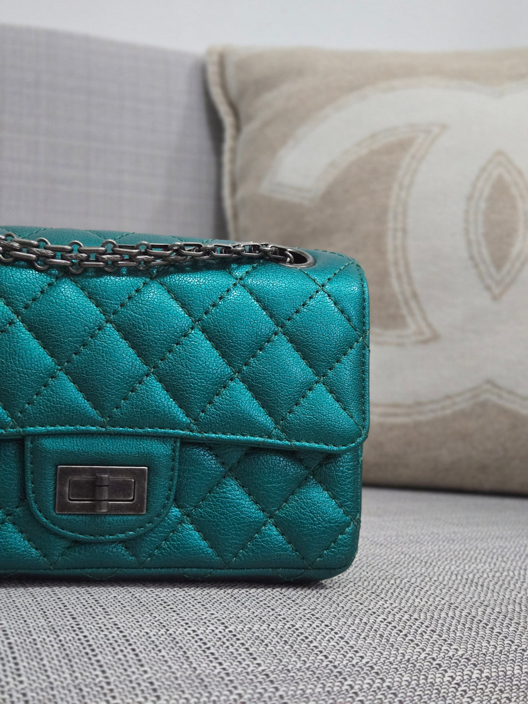 Chanel Series 28 Emerald Green Turquoise Calf skin 2.55 Reissue Mini Flap Bag with Ruthenium Hardwars