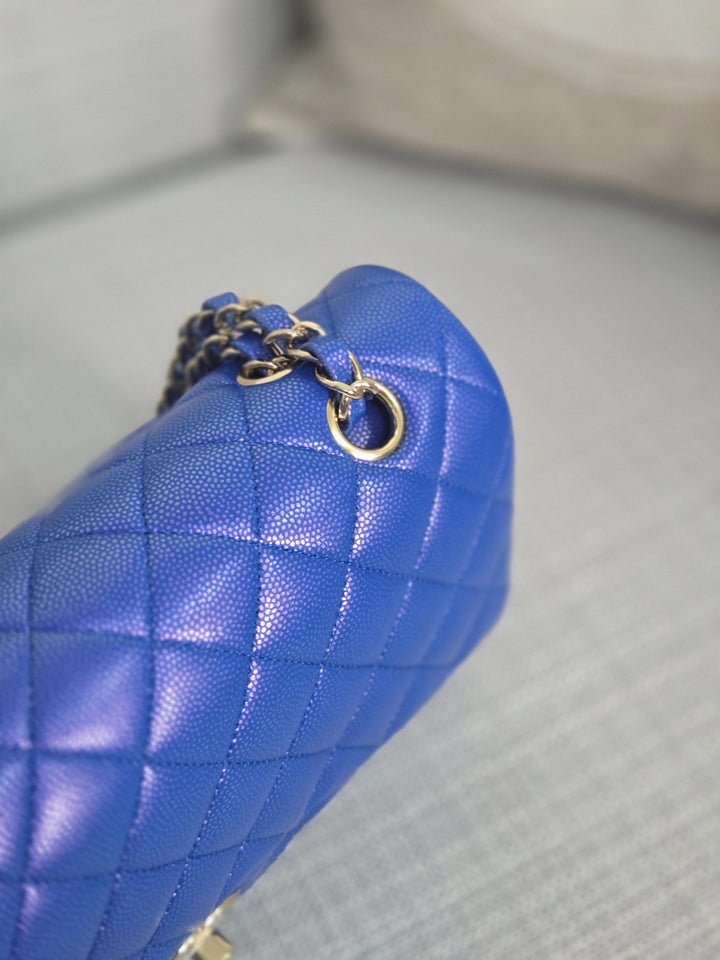 Chanel series 31 Iridescent Cobalt Blue Caviar Medium ML Timeless Classic Double Flap Bag with Champagne GHW