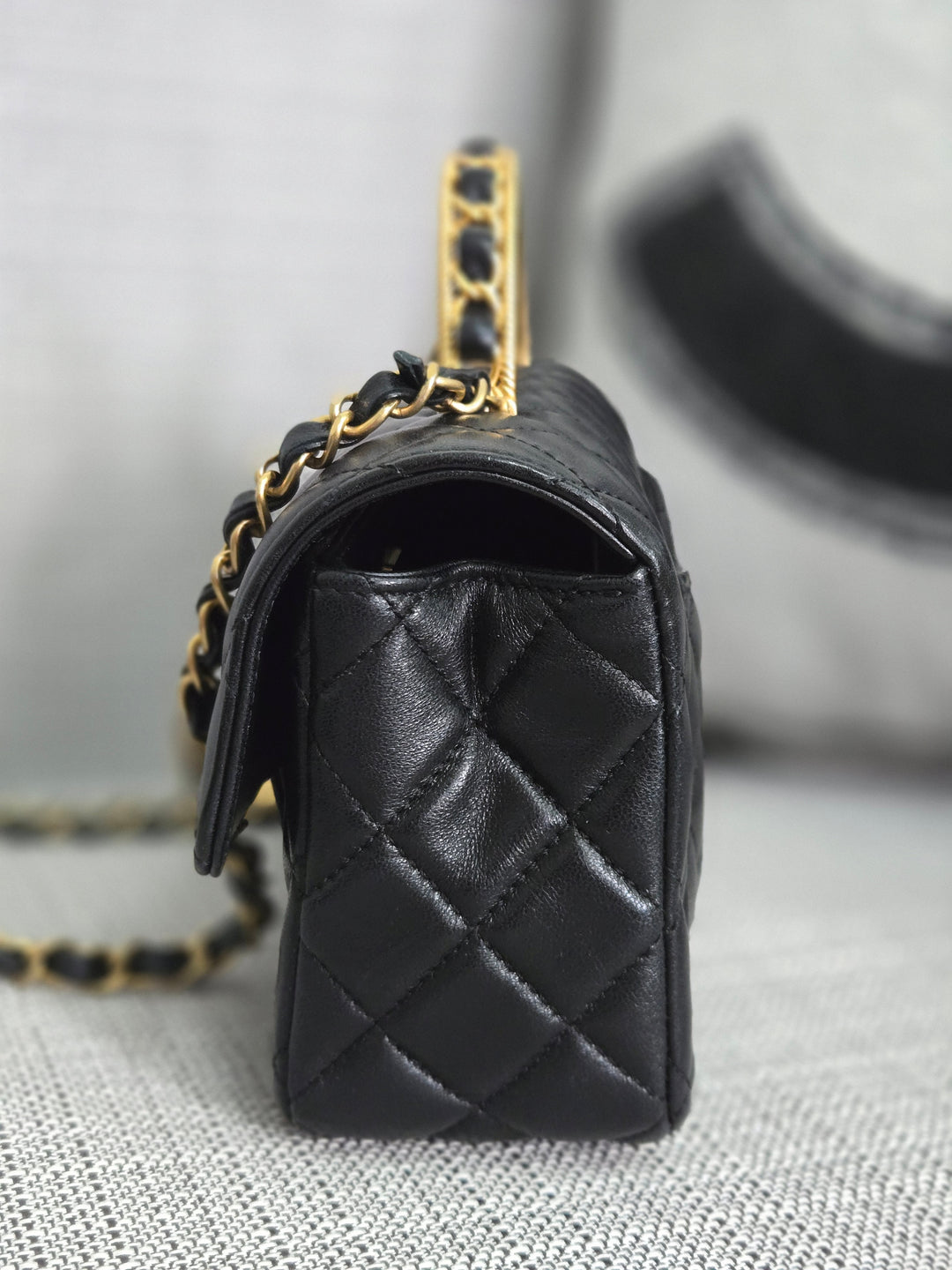 Chanel Black Lambskin Mini Rectangular Flap Bag with Top Handle GHW