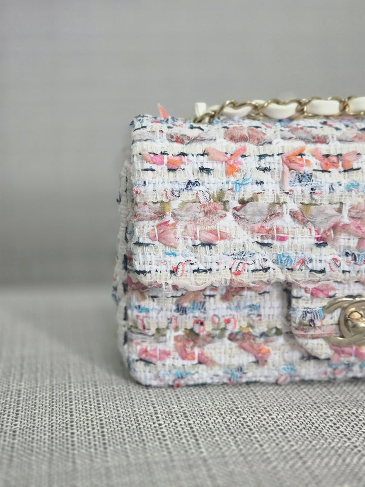 Chanel 23C 2022/2023 Cruise Collection Tweed Quilted Mini Rectangular Flap Bag in Ecru, Pink, Blue, and Green with Champagne GHW