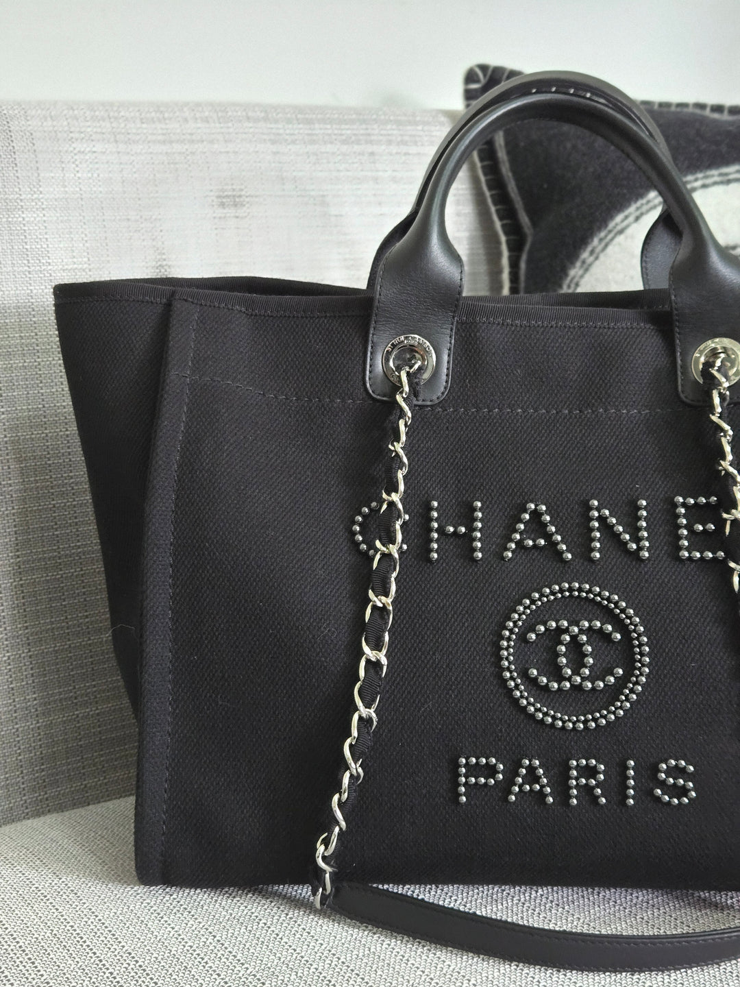 Chanel 20S 2020 Spring/Summer Collecion Black Canvas With Pearl Embossed Deauville Tote Bag with Leather Top Handle Size Medium/Large