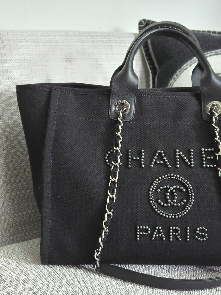 Chanel 20S 2020 Spring/Summer Collecion Black Canvas With Pearl Embossed Deauville Tote Bag with Leather Top Handle Size Medium/Large