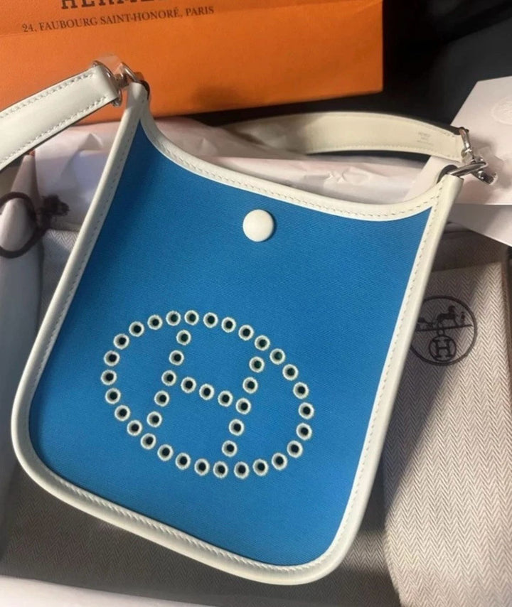 Hermes Mini Evelyn 2024 W Stamp Blue Azteque / Vert Fizz / Mint Toile / Swift Neo