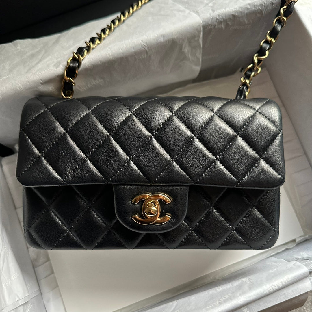 CHANEL Black Lambskin LGHW Mini Rectangular Flap Bag
