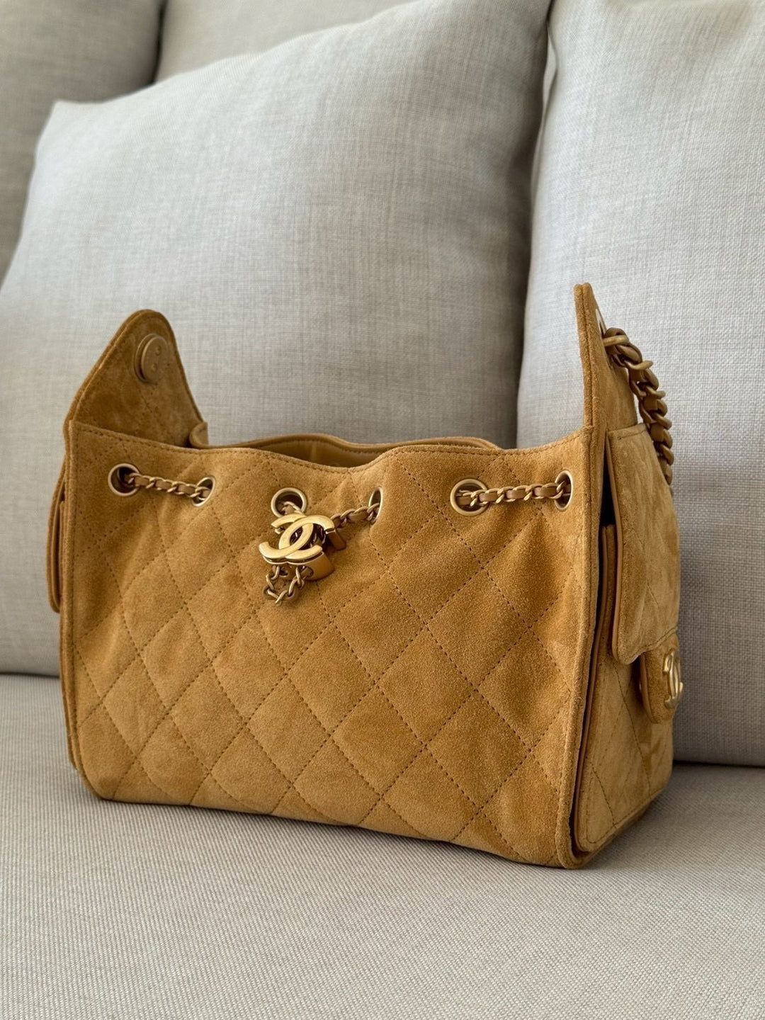 CHANEL 26C Camel Suede Aged GHW Mini 25 Hobo Bag