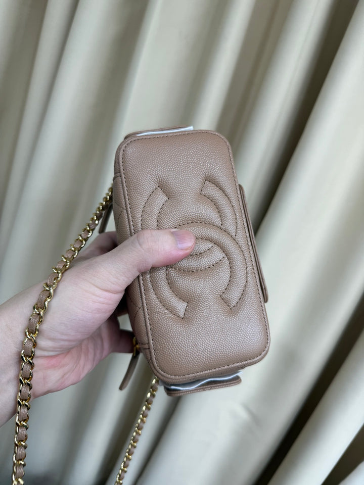 CHANEL Dark Beige Caviar Quiled Polly Pockets Cargo Small Vanity Case with Aged GHW