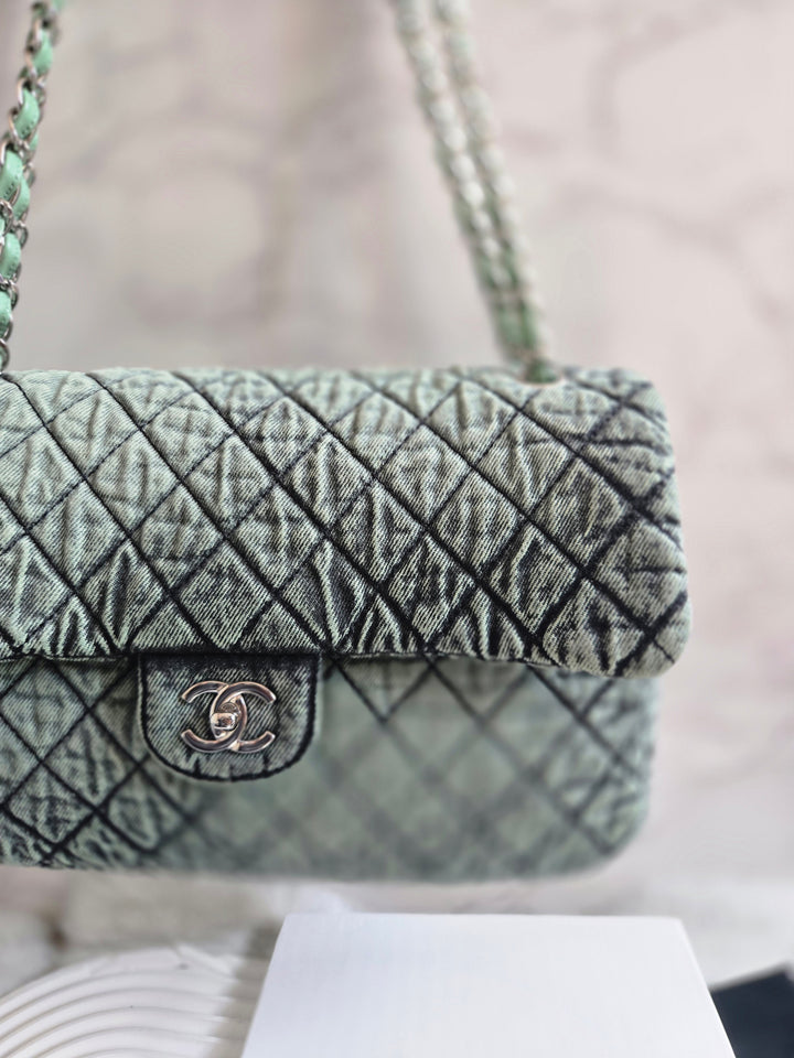 CHANEL Green Denimpression SHW size Jumbo Single Flap Bag