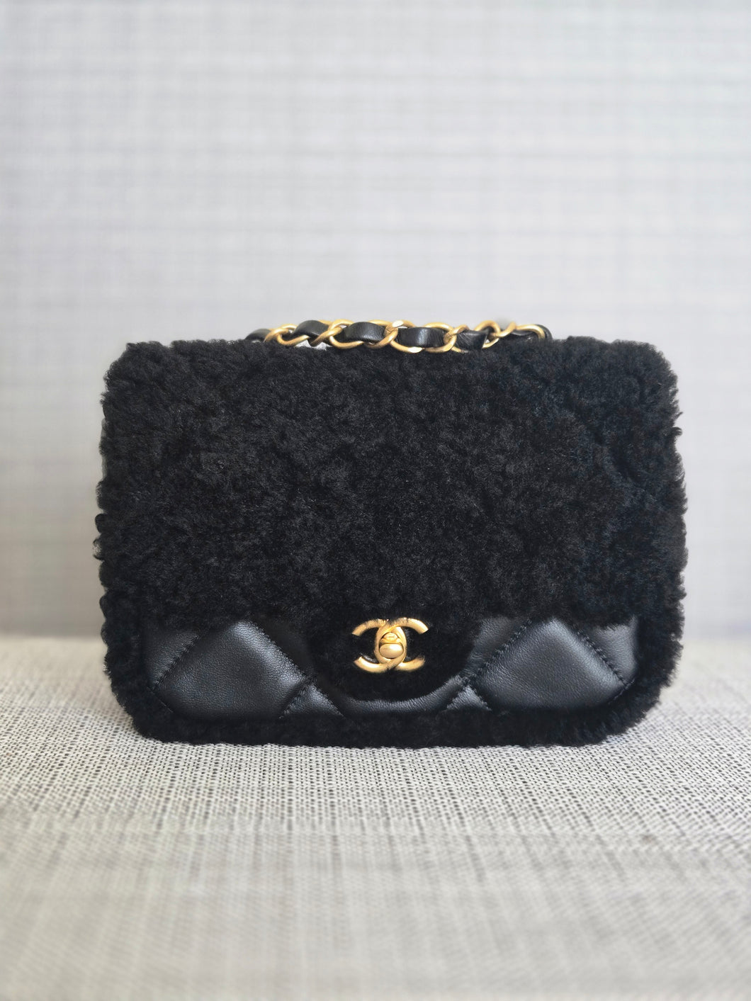 Chanel 24K 2024 Collection Black Teddy Shearling Black Lambskin Mini Rectangular Flap Bag