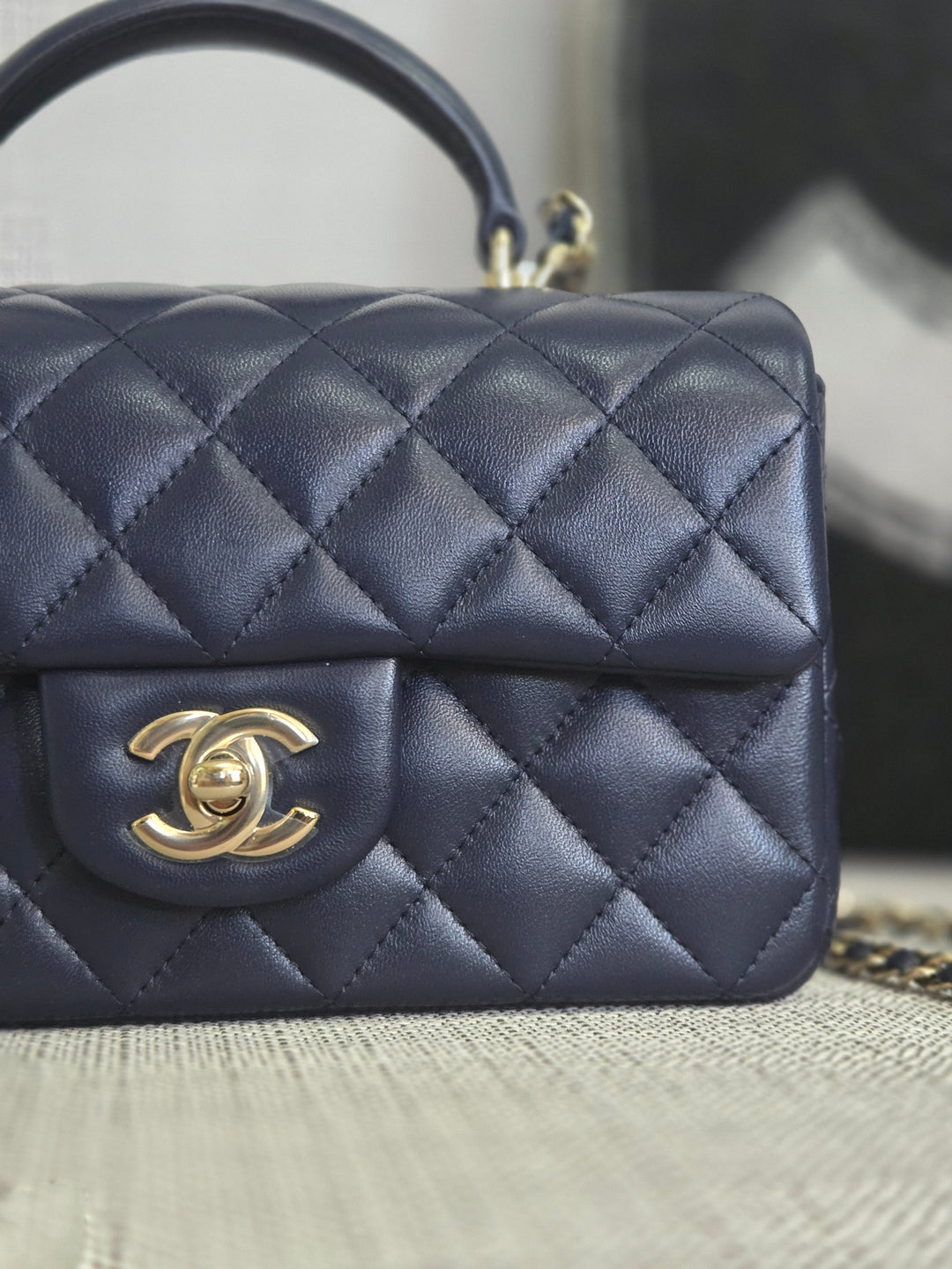 Chanel Navy Lambskin Mini Rectangular Flap Bag with Champagne GHW and Top Handle