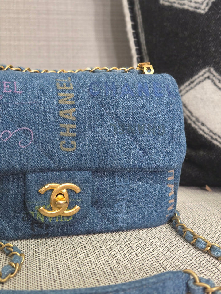 Chanel 22P Blue Denim Mood Flap Bag size Small with aged GHW
